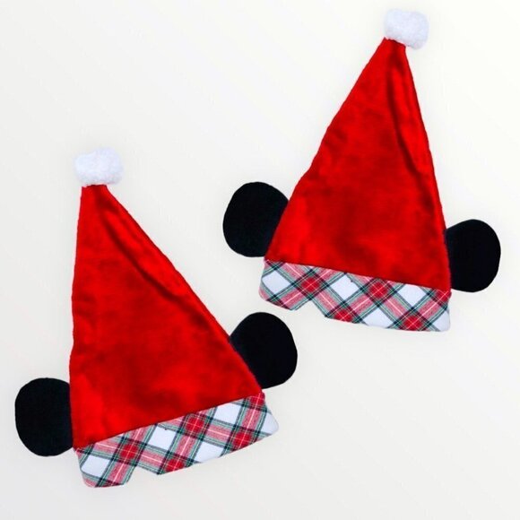 Set of 2 - Disney Parks - Santa Hat W/ Mouse Ears - Mickey Mouse Holiday Plaid - Picture 1 of 5